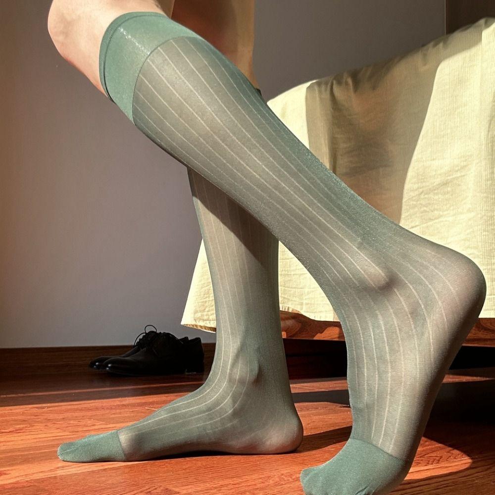 Middle Tube Solid Color Business Stockings Translucent Wide Striped Silk Socks  Business