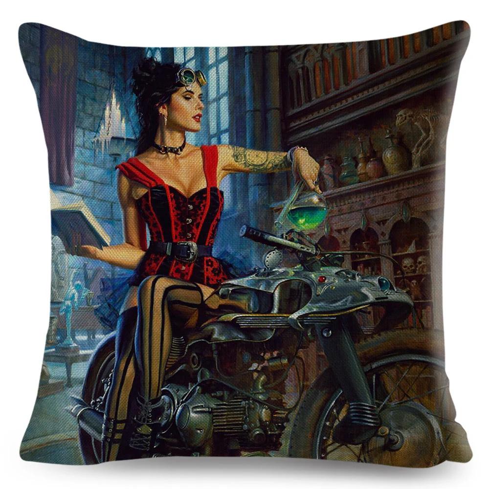 Vintage Sexy Motorrad Lady Kissenbezug Dekor Ölgemälde Cartoon Frauen Kissenbezug für Sofa Auto Polyester Kissenbezug 45x45