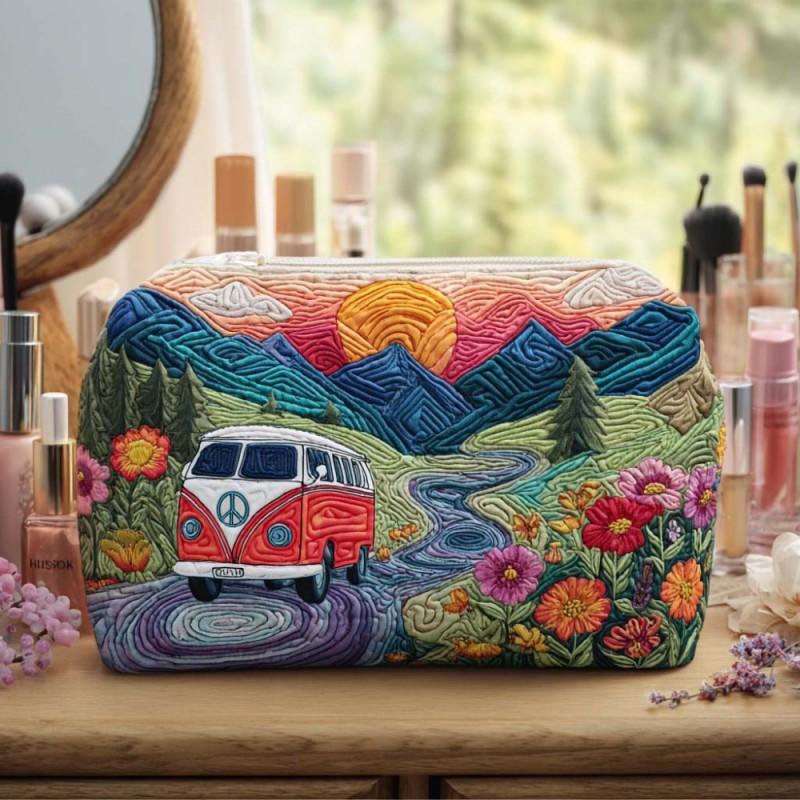 Dragonfly Print Quilted Cosmetic Bag Multi-functional Travel Organizer U-shape Zip Pouch