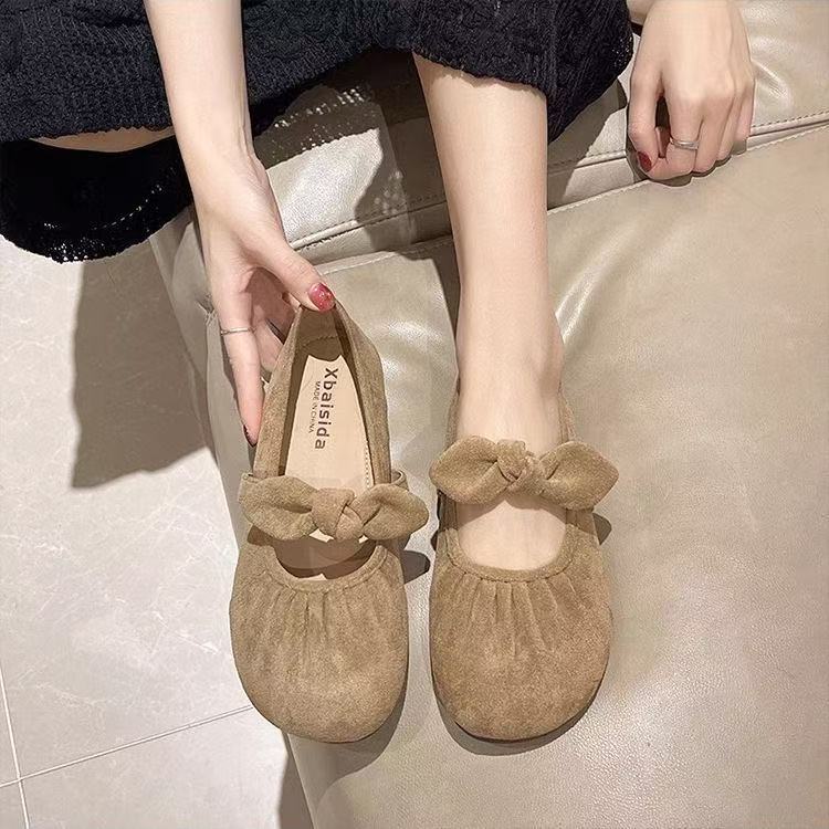 Folded Suede Bow Word with Shallow Mouth Single Shoes Spring New Gentle Fairy Style Casual Soft Sole Women's Shoes