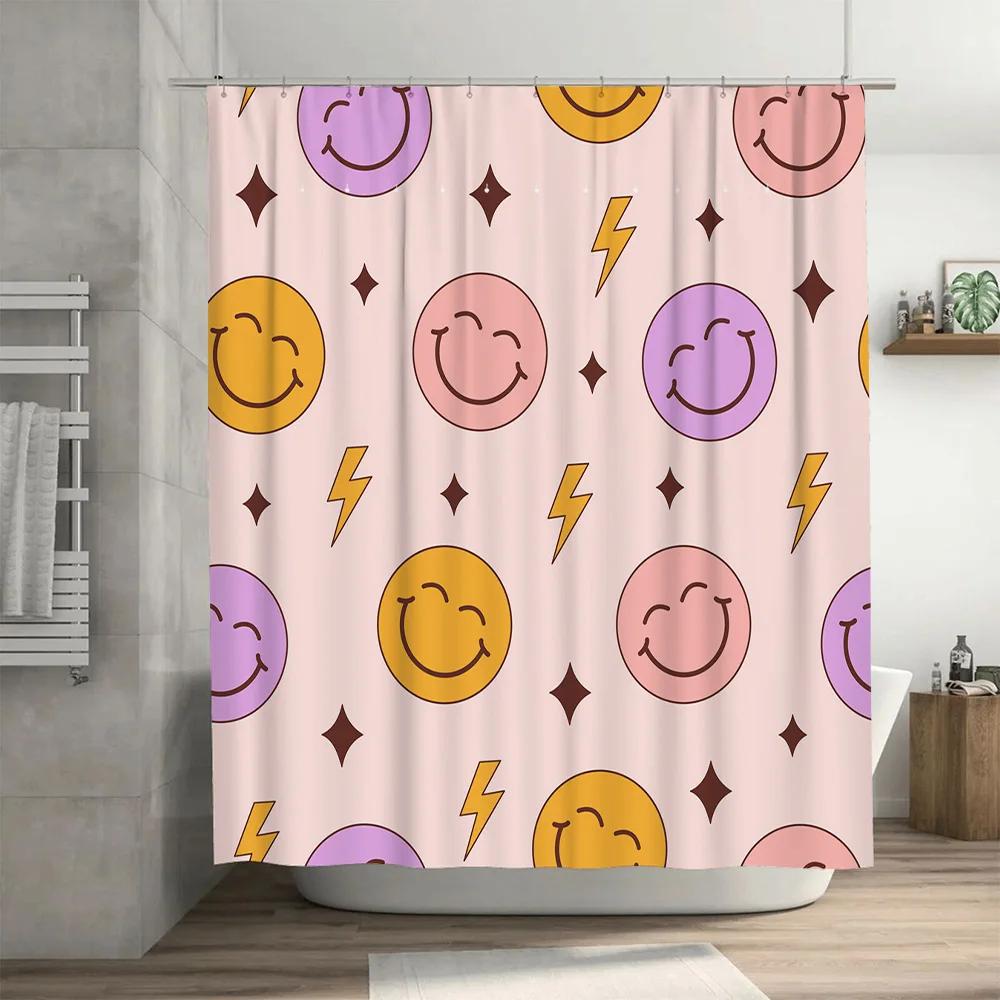 waterproof shower curtainfeaturing a playful smiley face design in pink, yellow, purple, and gold perfect for bath