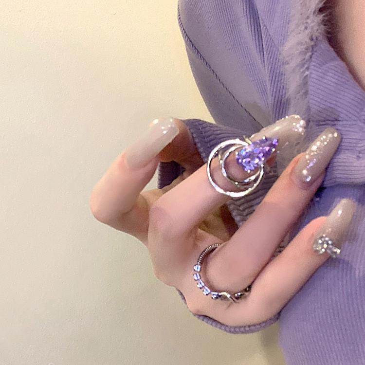 Irregular Purple Water Drop Rhinestone Zirconia Chain Ring For Women Stylish Fashion Accessory