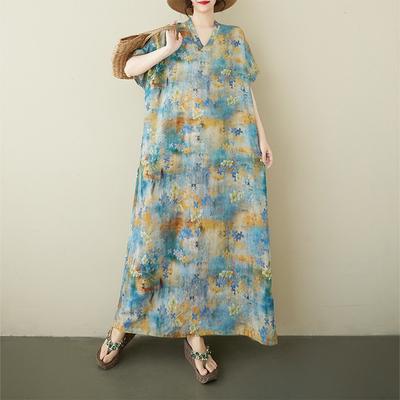 Summer New Large Size Literary Loose Bohemian Casual V-neck Short-sleeved Dress Women's Clothing