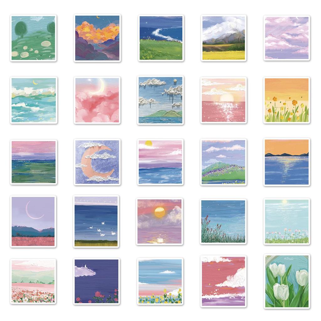 50 Scenery Oil Painting Graffiti Stickers for Children's DIY Diary, Skateboard, Phone Case, and Suitcase.