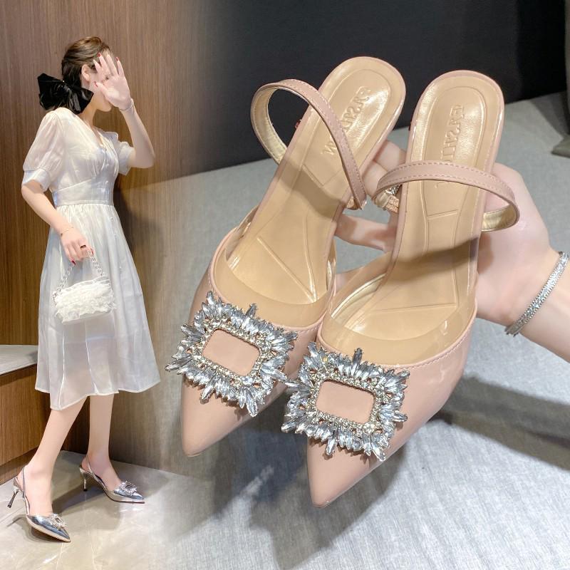 2023 Summer Rhinestone Stiletto Heels: Pointed Toe, Slip-on, Square Buckle, Closed-toe Sandals