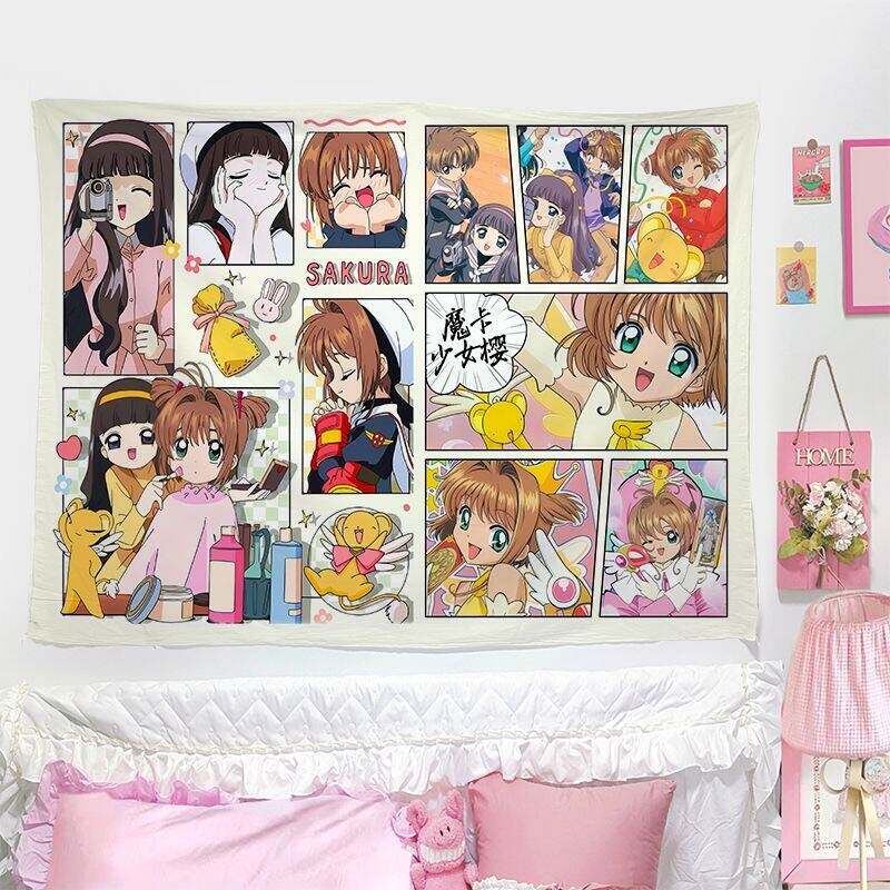 

Vintage Japanese Anime Magical Girl Print Tapestry Anime Sakura Wall Hanging Aesthetic Atmosphere Girls Bedroom Decor 74x94cm(29x37in)