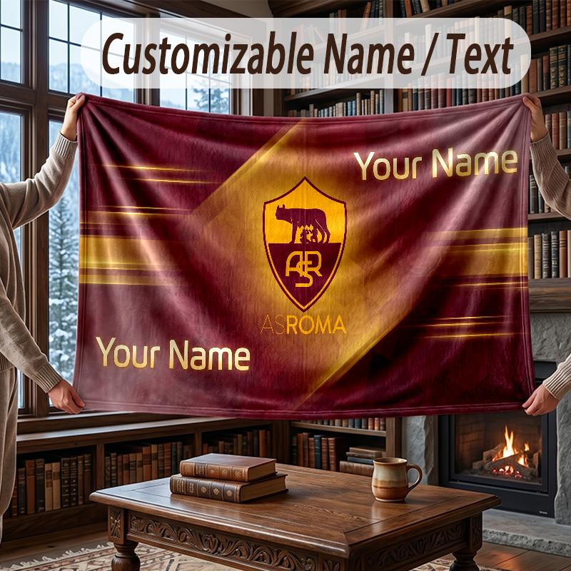 Custom Name Flannel Throw Blanket AS Roma FC Pattern Warm Home Decoration