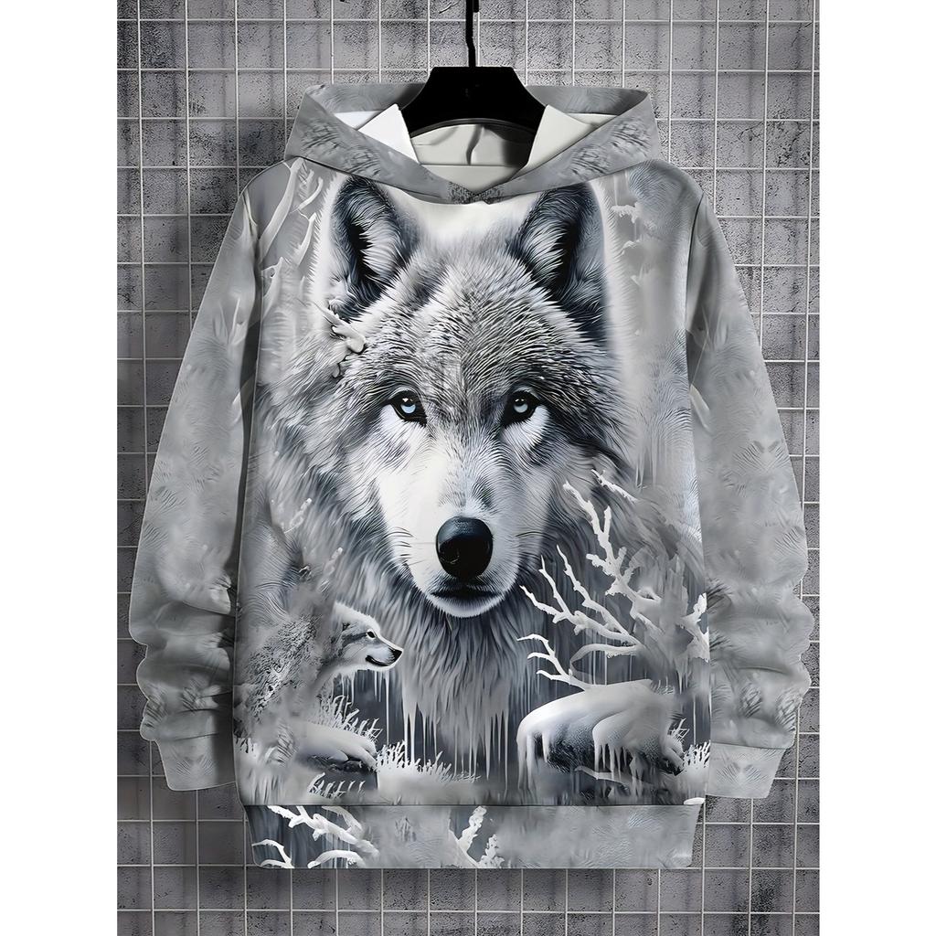Kapuzensweatshirt für Jungen mit Wolfsmuster im 3D-Druck, lässige Alltagskleidung für Frühling und Herbst