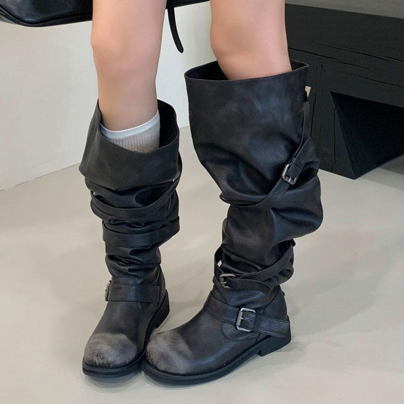 Fashion Eilyken Winter Punk Pleated Round Toe Women Over The Knee Boots Designer Buckle Strap Square Heels Shoes Botas Mujer