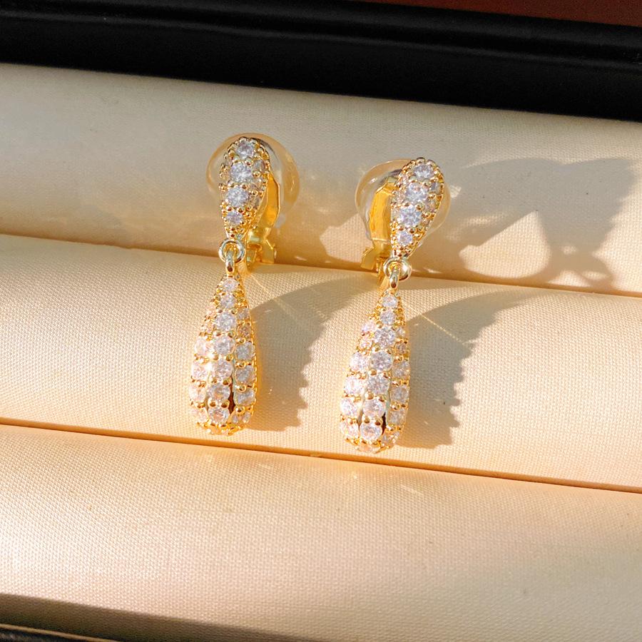 18K Gold Plated Zircon Drop Ear Clips - Exquisite Light Luxury Earrings