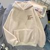 Fleece Pullover Top Warm Loose Women Long Sleeves Thick Drawstring Cuff Elastic Letter Patch Pocket Embroidery Fall
