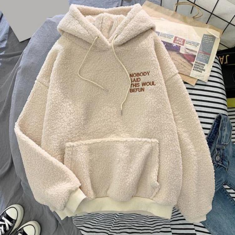 Fleece Pullover Top Warm Loose Women Long Sleeves Thick Drawstring Cuff Elastic Letter Patch Pocket Embroidery Fall