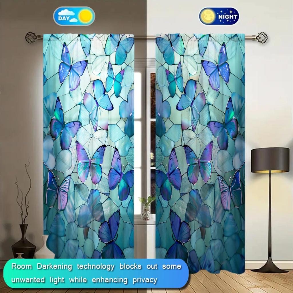 2 Panels Purple Blue Glass Butterfly Printed Curtains - Heat-insulating   Suitable for Decorating Curtains in Various Rooms
