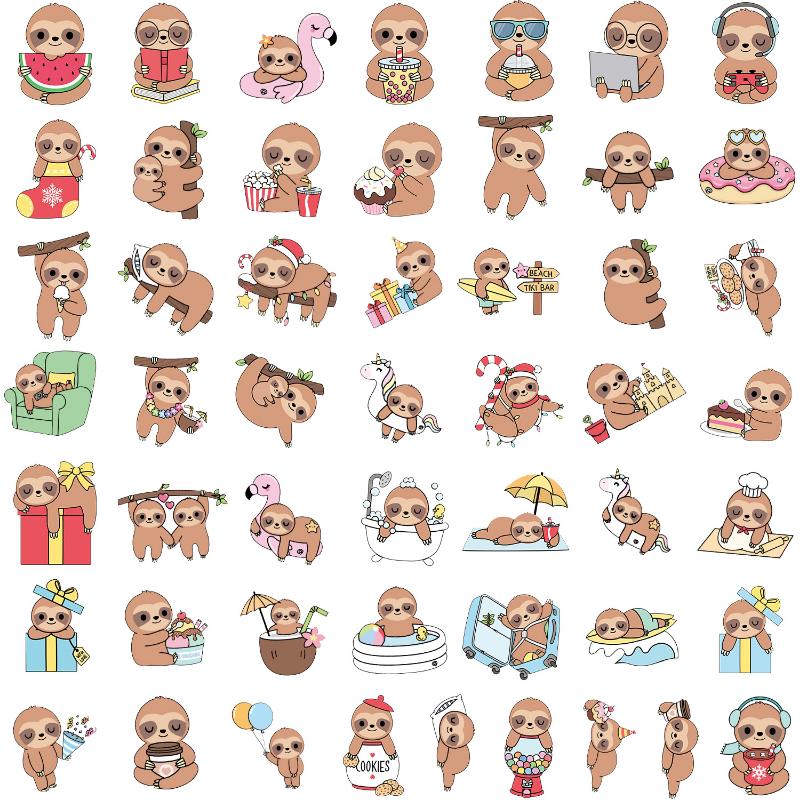 50pcs Cute Sloth Stickers for Water Bottle Phone Laptop DIY Decal Cartoon Scrapbook Stationery