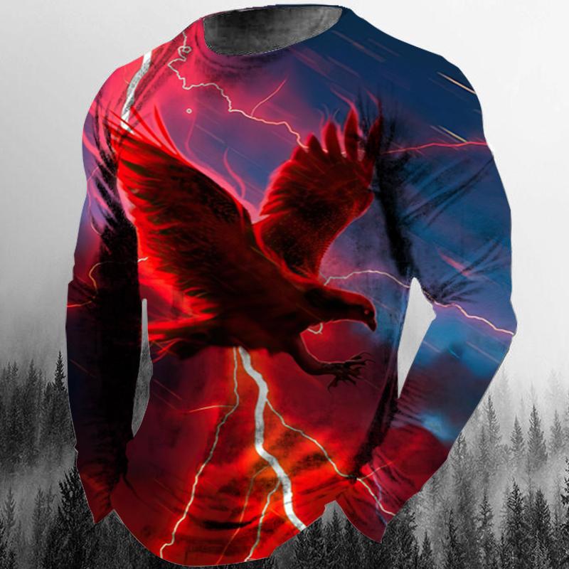 Spring and Autumn Round Neck 3D Animal Eagle Graphic Printed Top Fashionable Casual Hip Hop Long Sleeved Men's T-shirts
