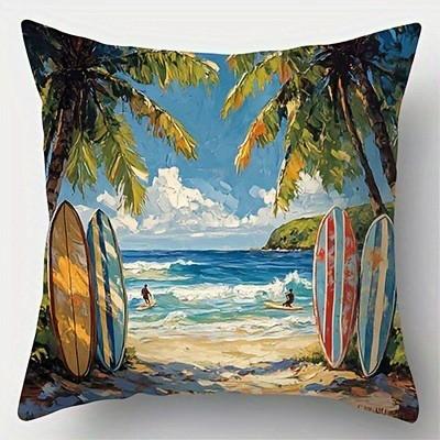 Beach Scene With Surfboard And Parasol Cushion Covers For Sofa Bedroom Car Pillow Covers