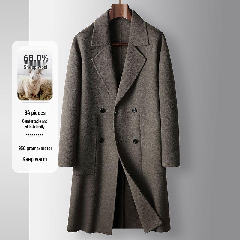 Men's Double-Breasted Drop Shoulder Wool Trench Coat - Wide Fit, 100% Wool, Autumn/Winter Casual Jacket