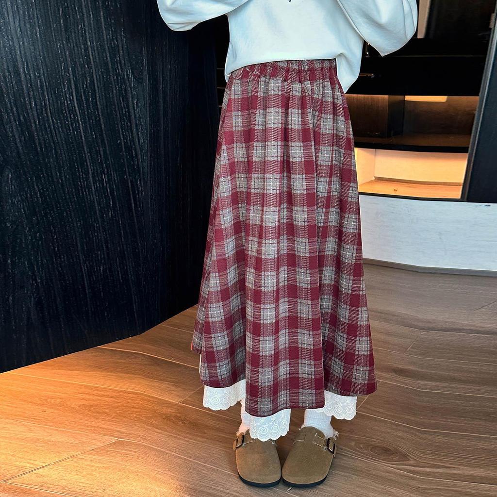 Girls' Plaid Wool Blend Midi Skirt - Autumn/Winter 2025 Fashion