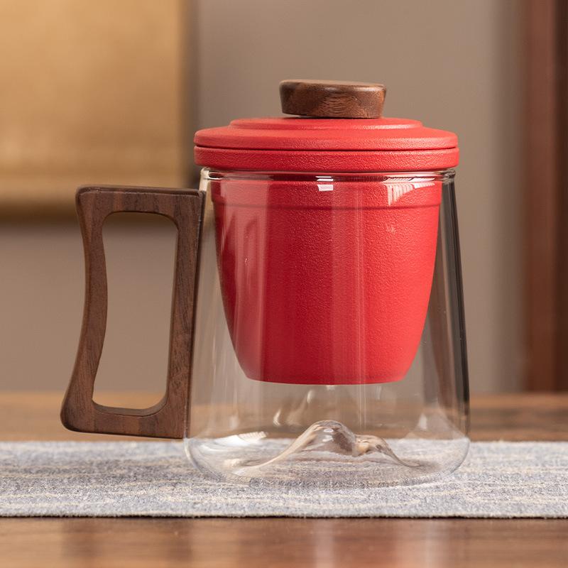 Black sandalwood handle office cup ceramic liner filter glass tea cup high-end anti-scalding gift box portable gift