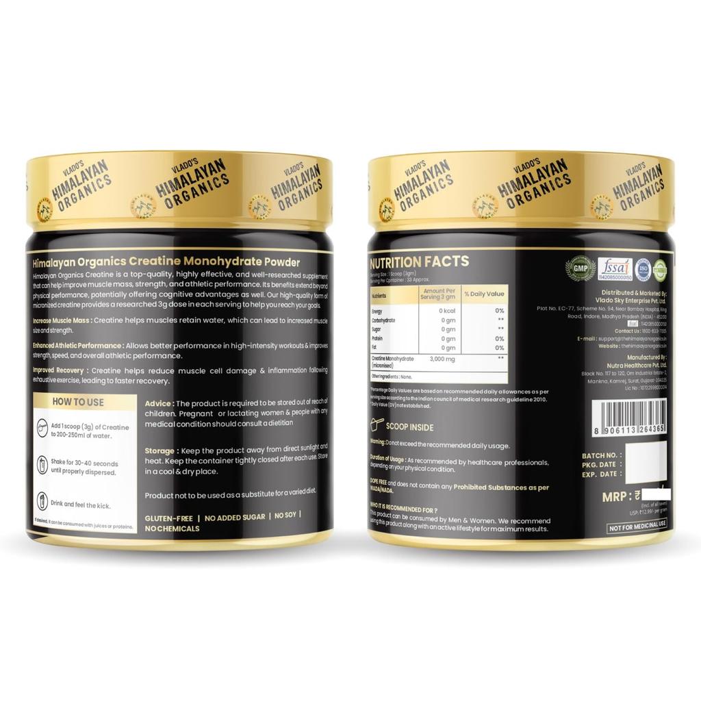 Vlado's Himalayan Organics Pure Micronised Creatine Powder 33 Servings Pre Post Workout Energy & Muscle Gain