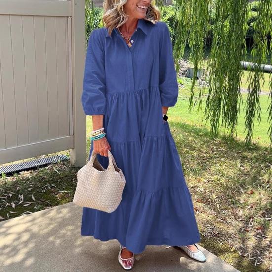 

Women s 45720 Sleeve Maxi Dress Button Up Lapel Swing Dress with Pockets A-line Ruffles Tiered XL жовтий