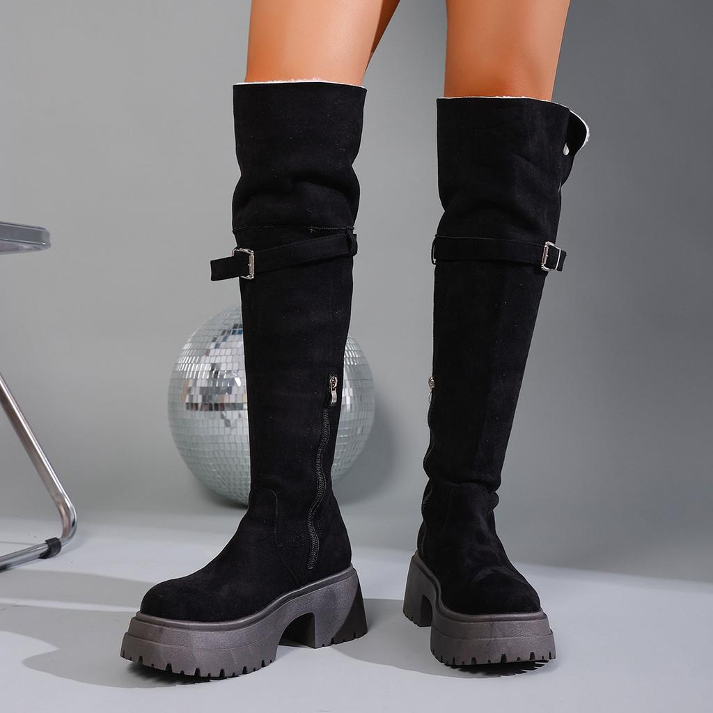 Shoes for Women Buckle Strap Women's Boots Retro Casual Knee-High Women's Boots Cotton Mouth Thick Bottom Shoes Ladies