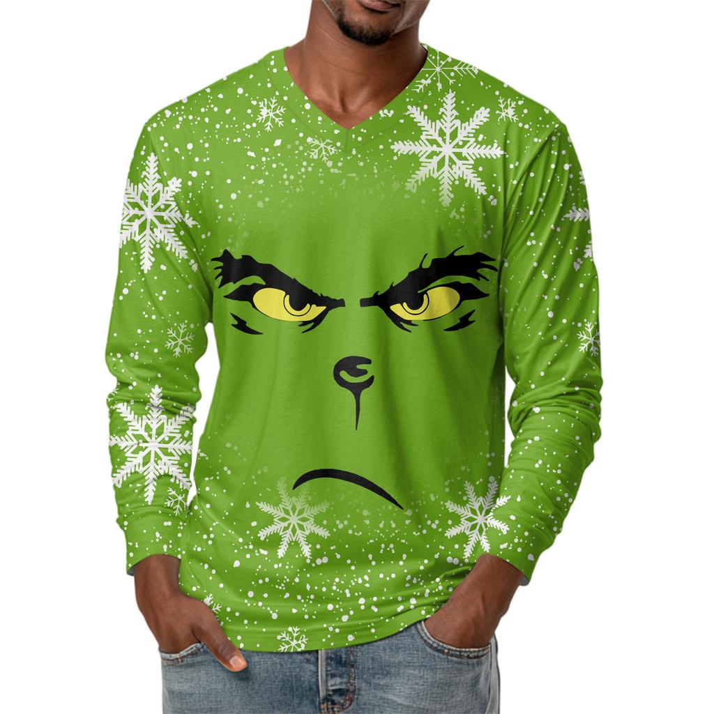 Men's Fashion Printed V-Neck Casual Long-Sleeved T-Shirt Bottoming Shirt Top