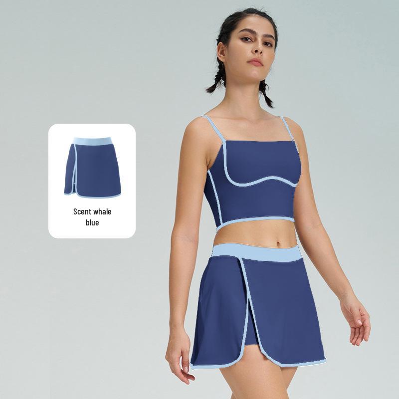 Women's Slimming Contrast Color Tennis Set, Quick-Dry Yoga Fitness Vest & Skirt with Chest Pads, Two-Piece Activewear.