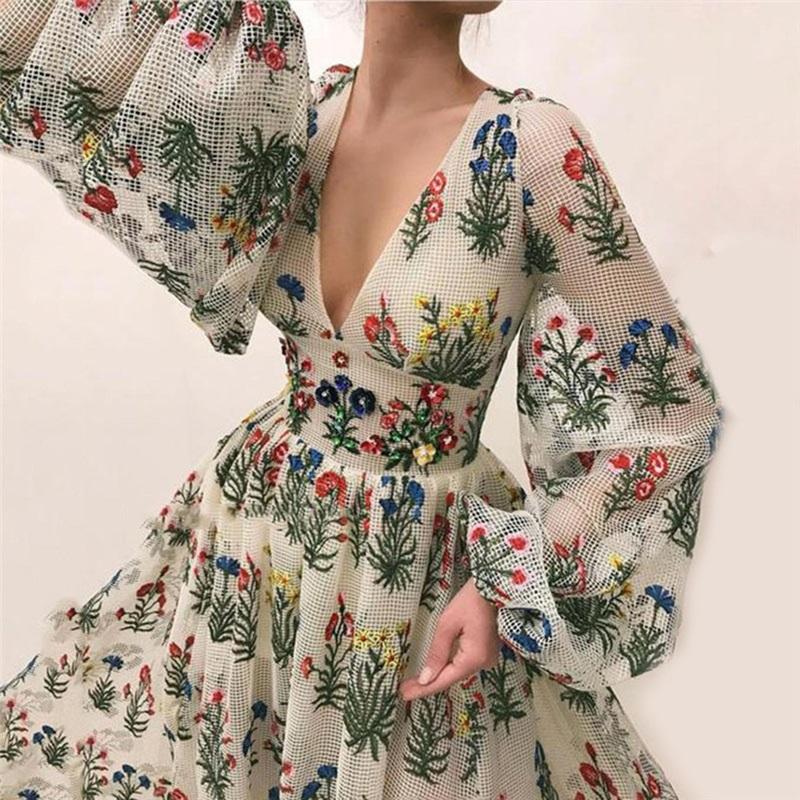 Bohemian Vintage Floral Pattern Colorful Embroidered Sexy Loose Maxi Dress For Women Summer Fashion Casual Beachwear
