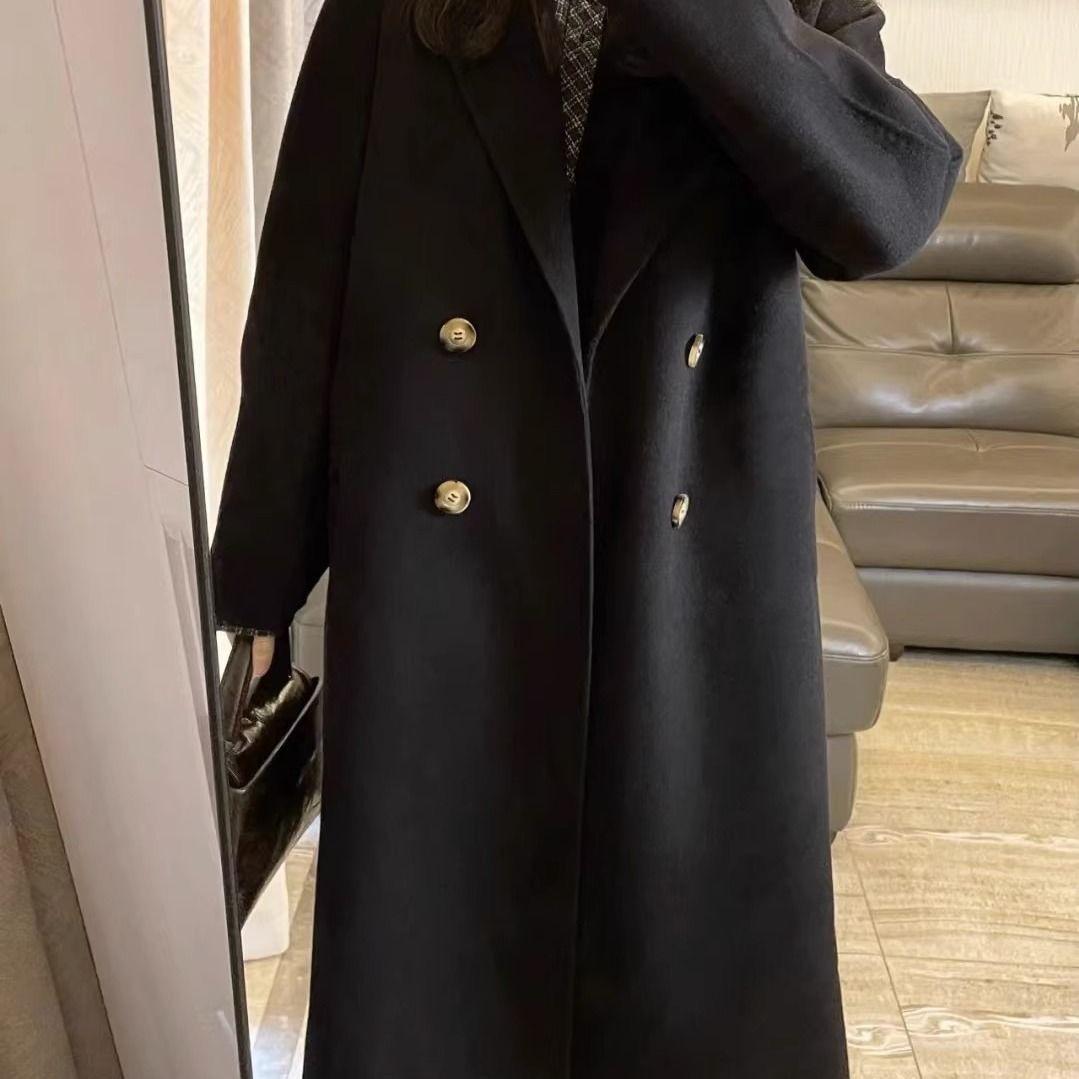 Korean Style Mid-Length Woolen Over-the-Knee Coat with Plus Velvet for Autumn and Winter 2XL [65-73kg]