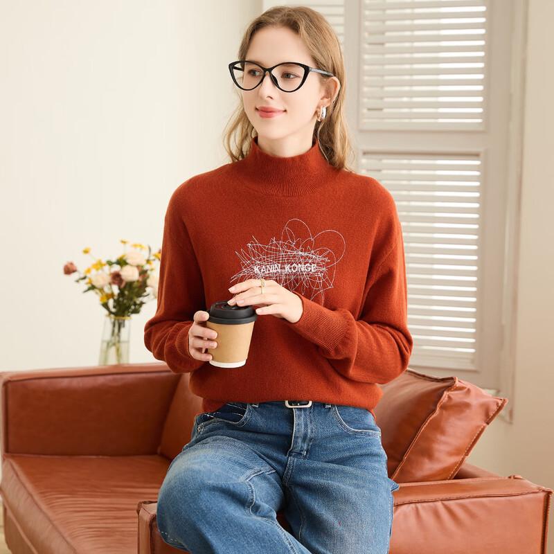 TUHUANG Women's 100% Pure Wool Embroidered Half-High Collar Sweater