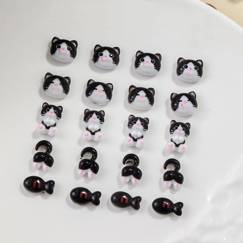 10Pcs Black And White Cat Nail Accessories Cartoon 3D Cute Cat Butt Small Fish Resin Nail Decoration Manicure Jewelry Diy
