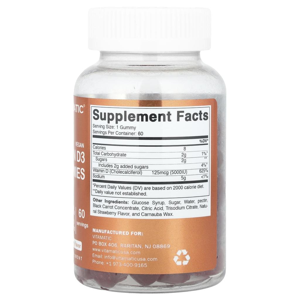 Vitamatic Vegan Vitamin D3 Gummies, Strawberry Flavor, 125mcg (5,000IU), 60 Gummies