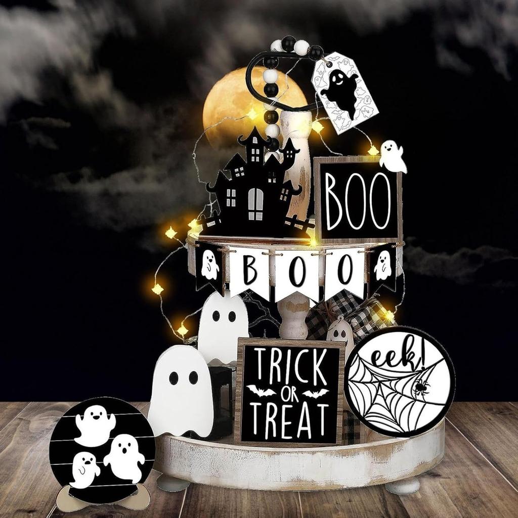 Halloween Tiered Tray Decor Set Cute Tray Decorations Halloween Wooden Signs Rustic Decoration For Home Table Party Supplies