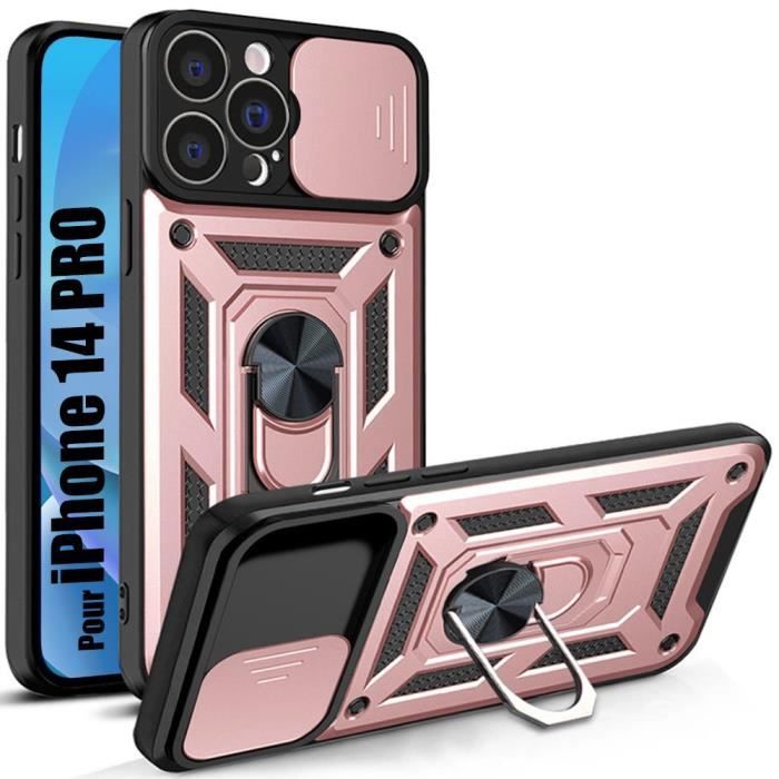 Coque pour iPhone 14 Pro - Rose - Bordure Renforcée - Antichoc - Support Métallique Rotatif