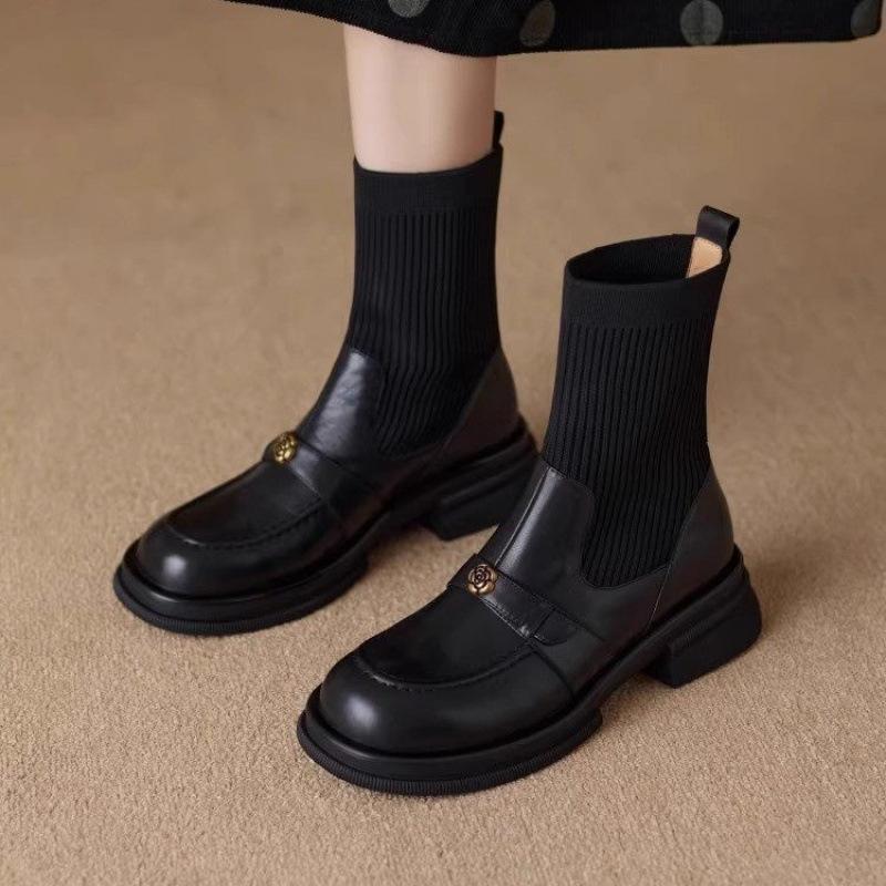 Women's Boots 2025 Autumn/Winter Thick Bottom Short Boots Knitted Elastic Socks Boots Thick Heel Leather Shoes Women