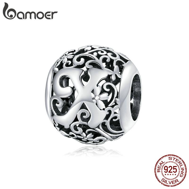 BAMOER 925 Silver Retro Letter Charms Hollowed Alphabet A-Z Round Beads for Women Bracelet DIY Jewelry Making