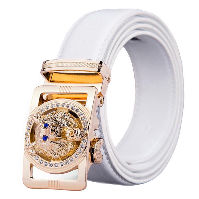 Genuine Leather Wolf Belt for Men Polychrome Rhinestone Alloy Belt Automatic Buckle Black Luxury Brand Plus Size Ceinture Homme