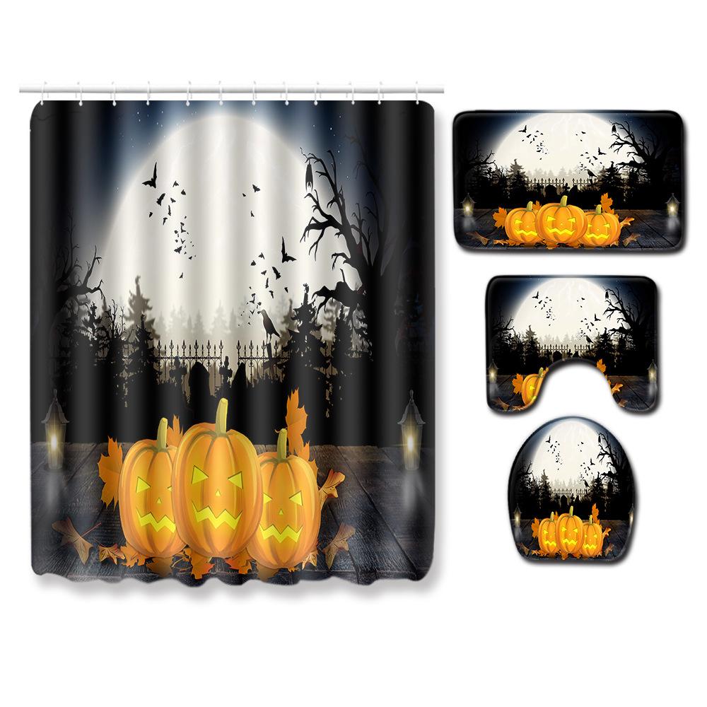 Halloween Shower Curtain Floor Mat Combination Four-Piece Set Bathroom Toilet Carpet Shower Room Foot Mat