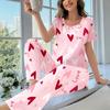 Women Pink Heart Print Short Sleeve Long Pants Casual Home Pajama Set