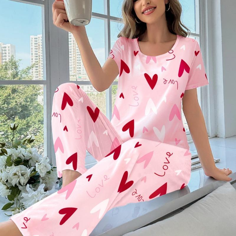 Women Pink Heart Print Short Sleeve Long Pants Casual Home Pajama Set