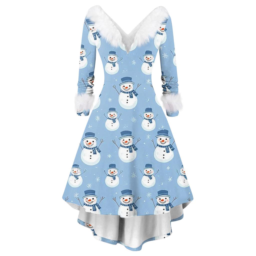 Dámské módní ležérní šaty s výstřihem do V a vánočním potiskem, dlouhý rukáv