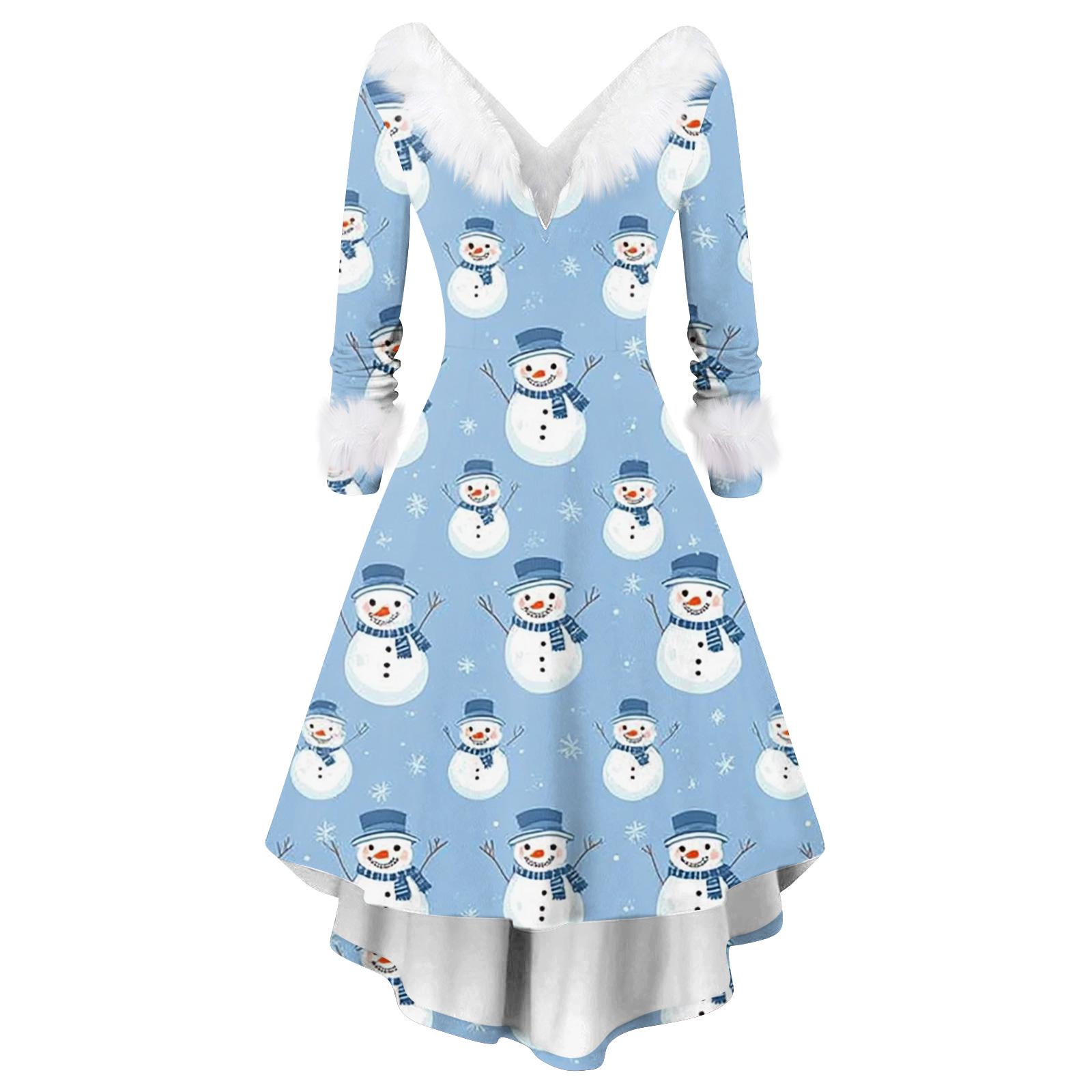 

Женское модное повседневное платье с V-образным вырезом и рождественским принтом с длинным рукавом L