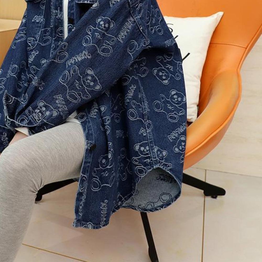 Jeansjackor för kvinnor Trendig Långärmad Knäppt Skjortjacka Jeansjacka med Tryck