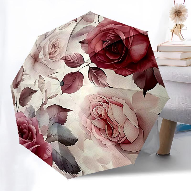 1PC Rose Floral Umbrella-8-Rib Reinforced Portable Folding Travel Suitable for All Seasons Outdoor Daily , Fun Design-Z0442