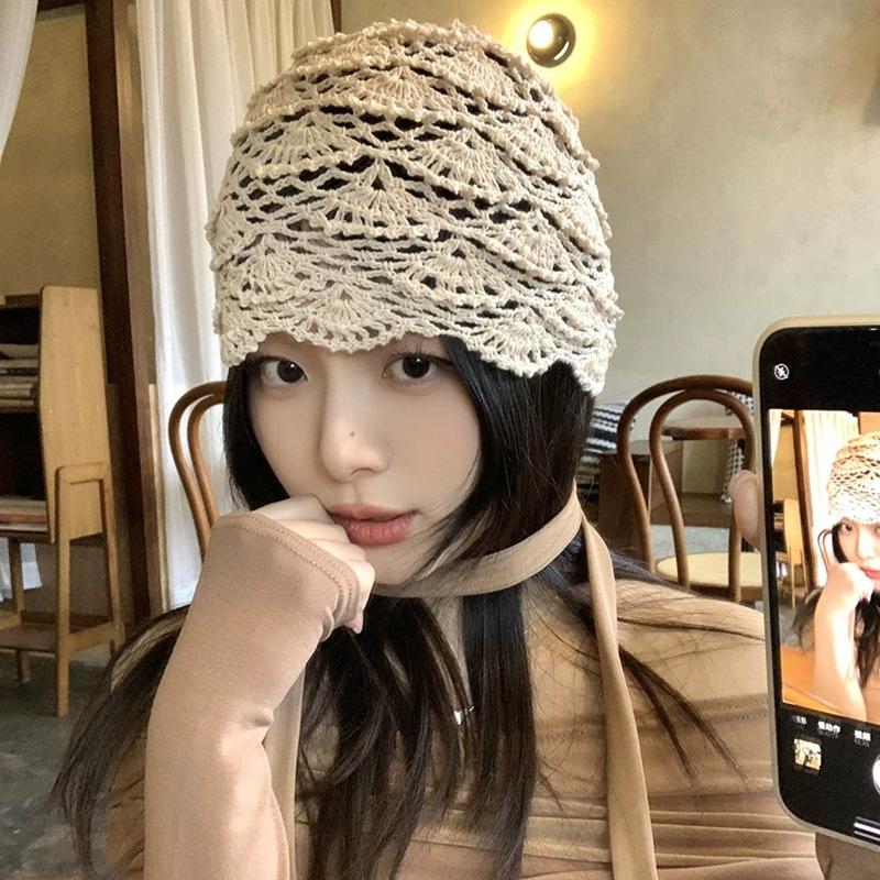 Hand-Knitted Hollow Out Turtleneck Hat For Women Spring Autumn Lightweight Breathable Yarn Bucket Hat Summer Trendy Overhead Hat