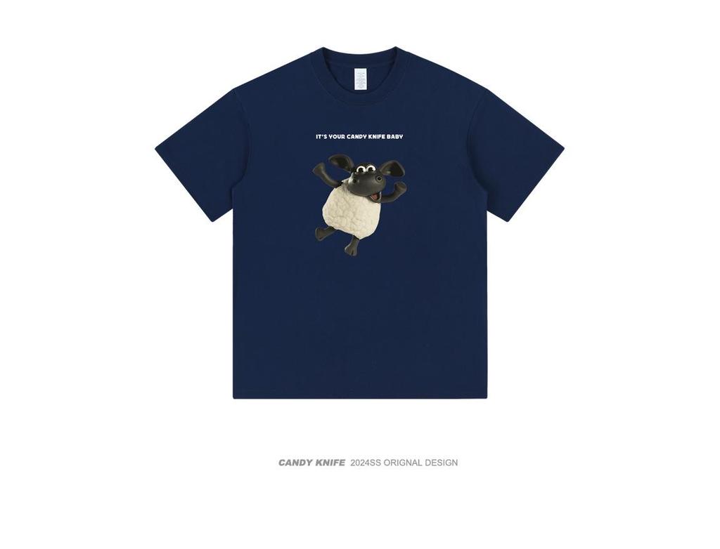 Trendy Oversized Cartoon Lamb Print Unisex T-Shirt - Round Neck, Short Sleeve