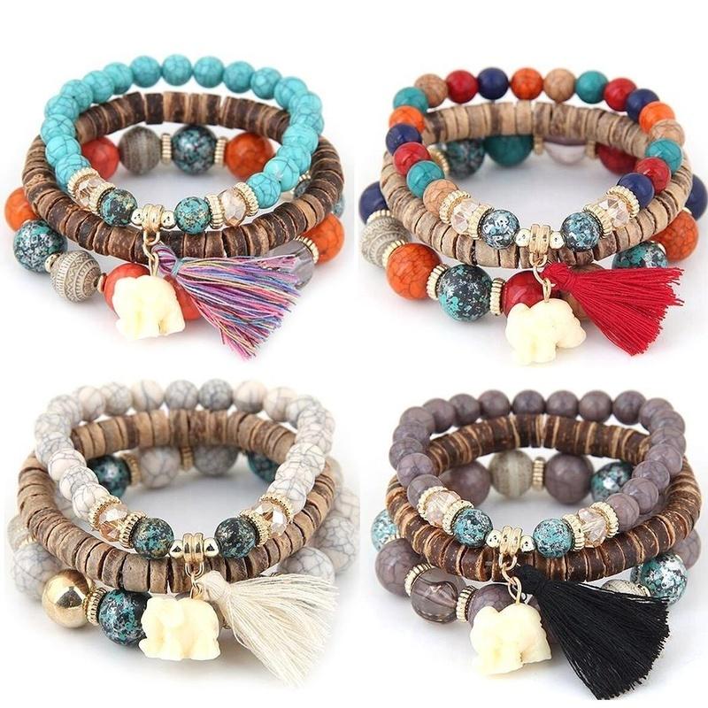 Neue Damenmode Holzperlen Armbänder Boho Kleiner Elefant Charme Armbänder Set Vintage Stil Schmuck