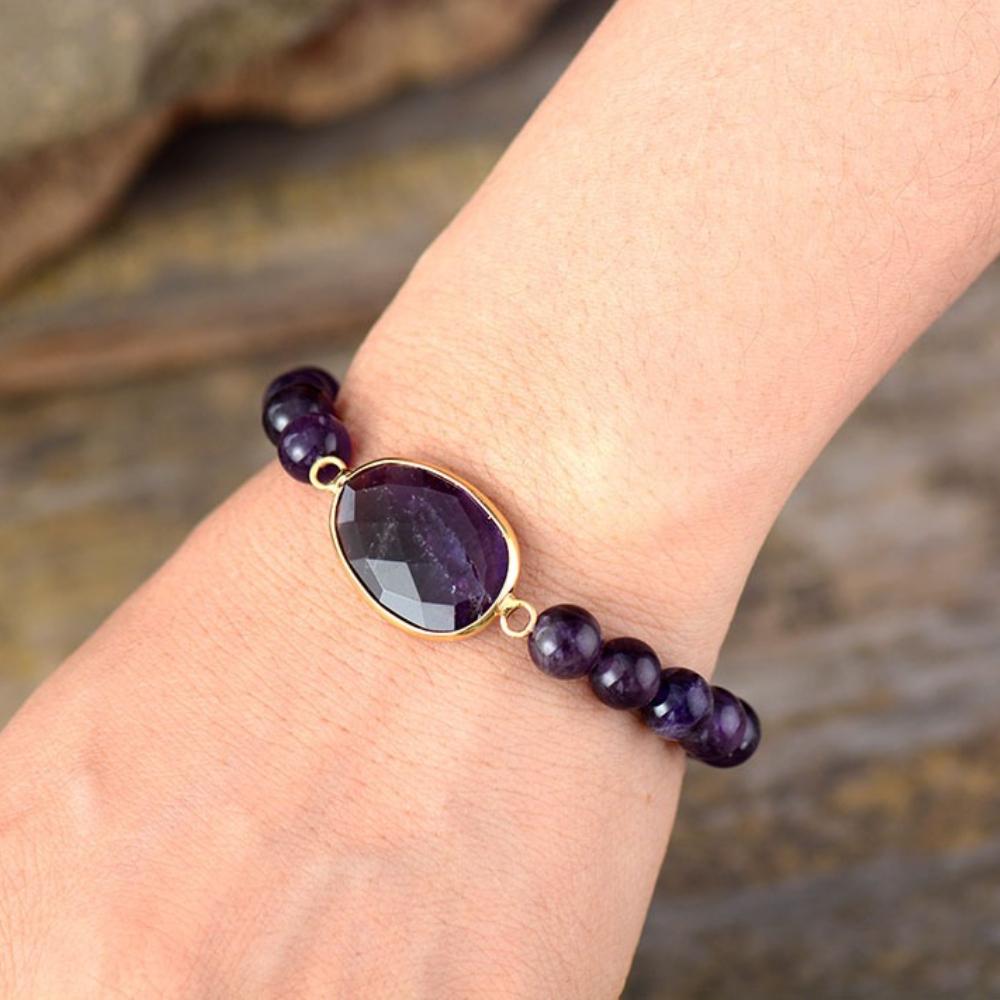 Women's 8mm Amethyst Elastic Natural Stone Beaded Bracelet, Popular European and American Handmade Jewelry