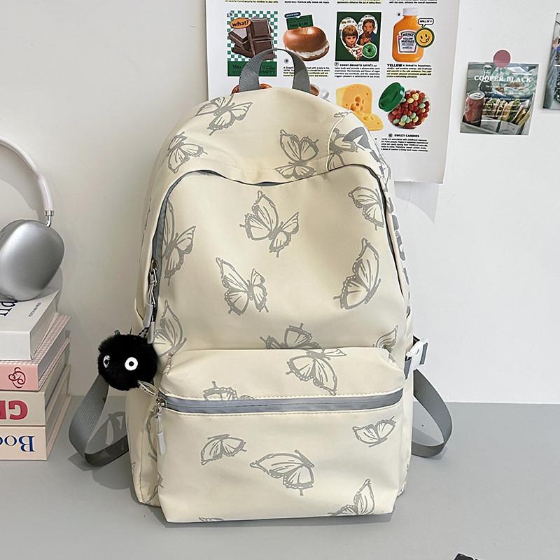 Simple Solid Color Butterfly Pattern Student Backpack With Plush Pendant For School And College Students